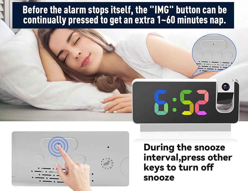 Projection Alarm Clock-  Desk Clock with Large Color LED Display - Rotatable Ceiling/Wall Projector for Bedroom, Office, Bathroom