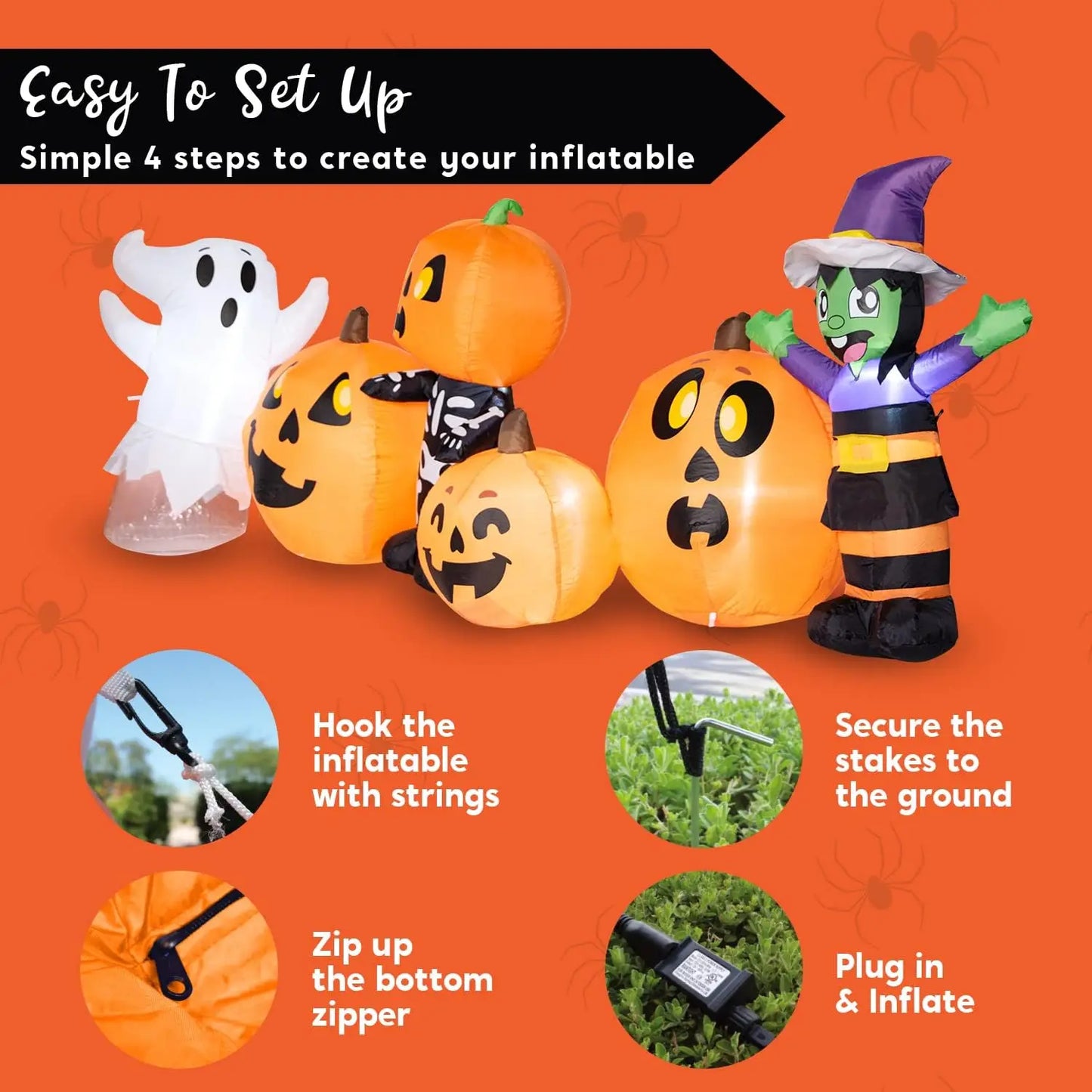 JOYFY 8 ft Long Halloween Inflatable - Three Characters and Pumpkin Patch Outdoor Decoration - Inflatable Witch Ghost Skeleton Yard