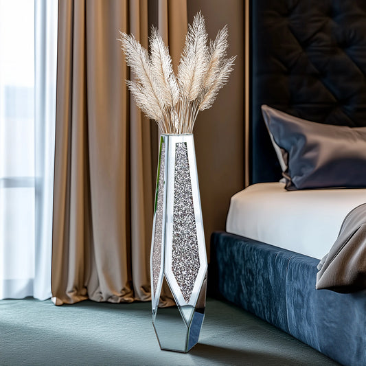 Modern Large Crushed Diamond Glass Vase for Home Decor   -  Crystal Centerpiece for Living Room