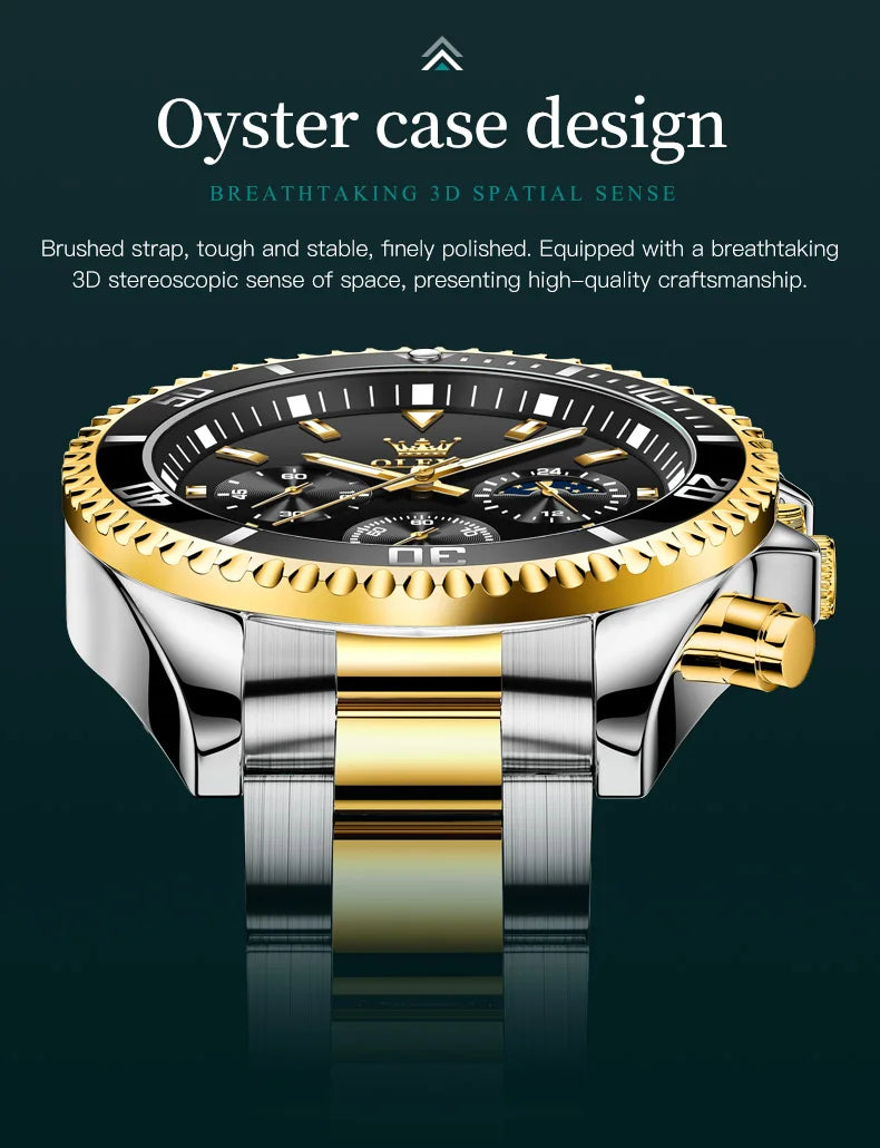 Moon Phase Men's Watches - Original Waterproof Luxury Quartz Watch Stainless Steel Chronograph