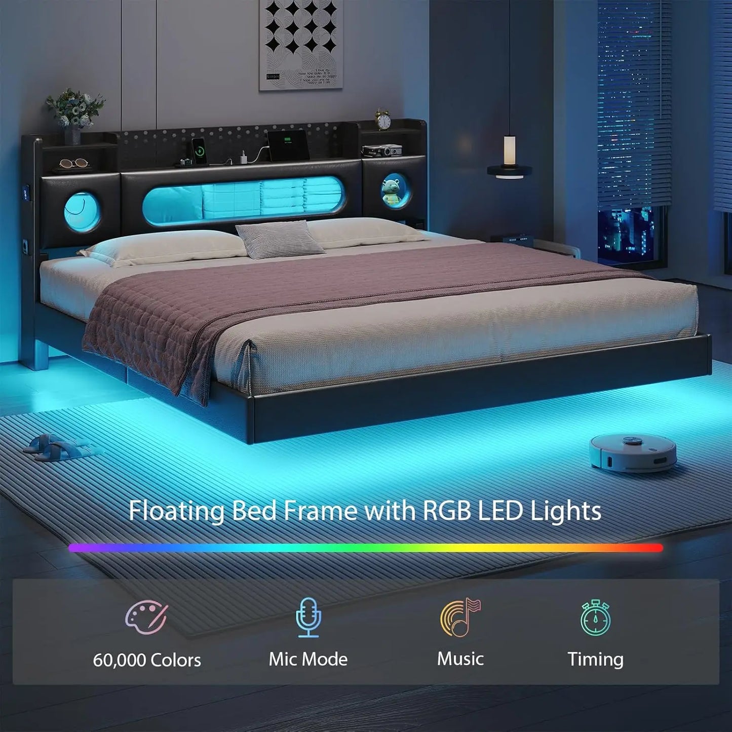 Floating Bed Frame King with Storage & Headboard, - Platform Bed with LED Lights, - Floating King Size Bed Frame with Headboard