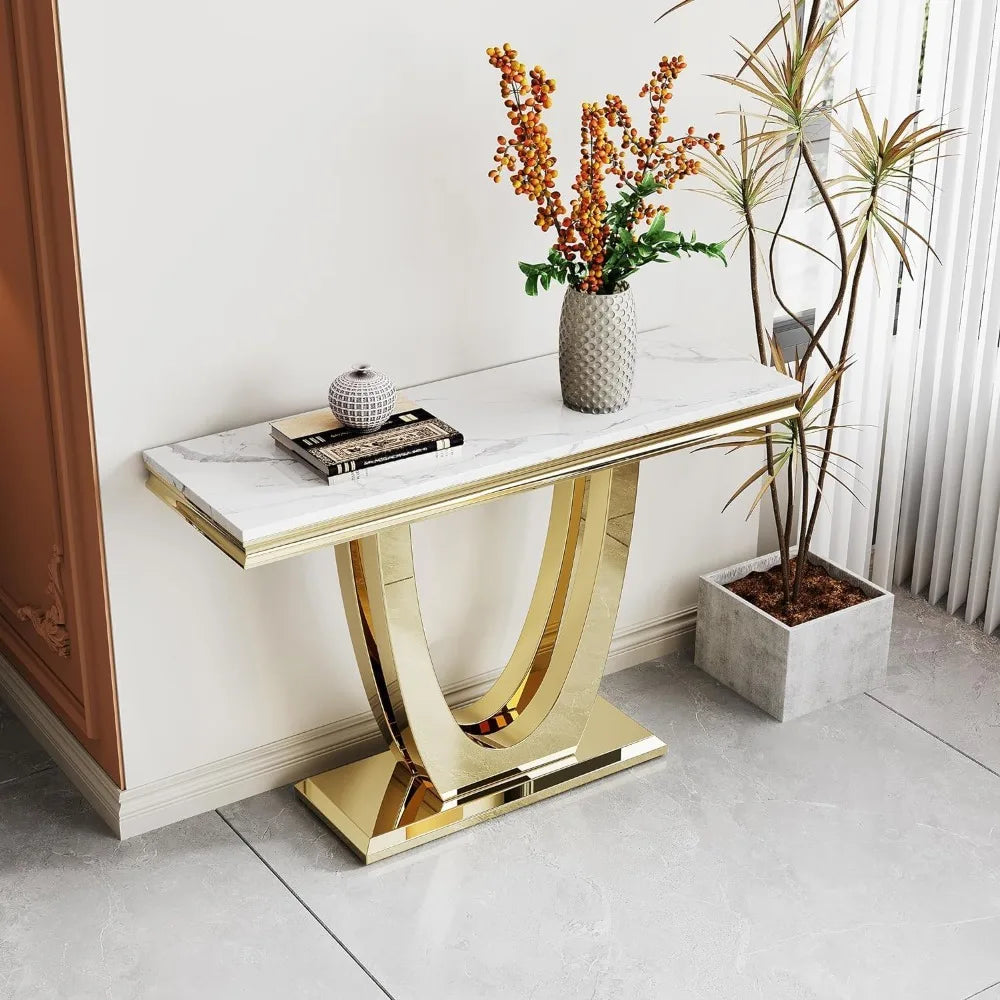 White Marble Console Table with Stainless Steel U-Base