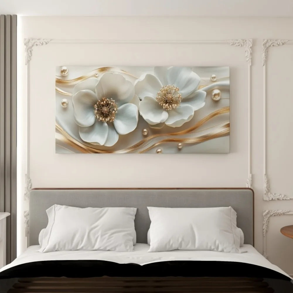 Modern abstract white floral canvas wall art with gold embellishments