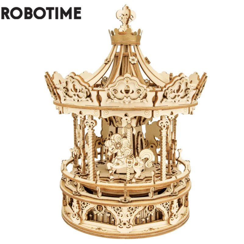 Robotime 3D Wooden Puzzle - 336pcs Rotatable DIY- Carousel Game Gift for -Assembly Music Box Toy