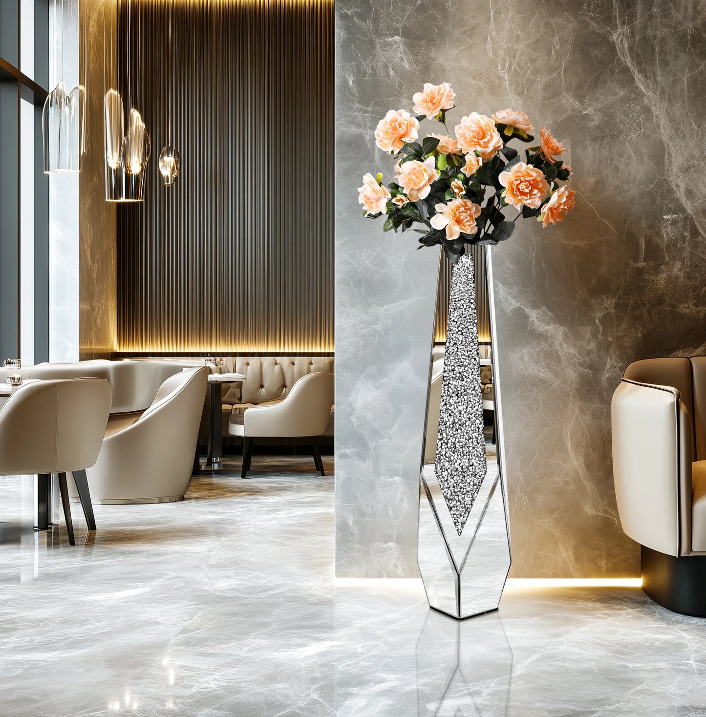 Modern Large Crushed Diamond Glass Vase for Home Decor   -  Crystal Centerpiece for Living Room