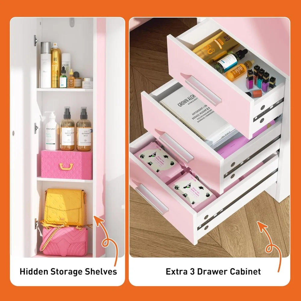 Makeup Vanity with Lights and 2 Mirror, Vanity Table with 3 Lighting Modes and Stool Set, Large Dressing Table with Drawers, Va