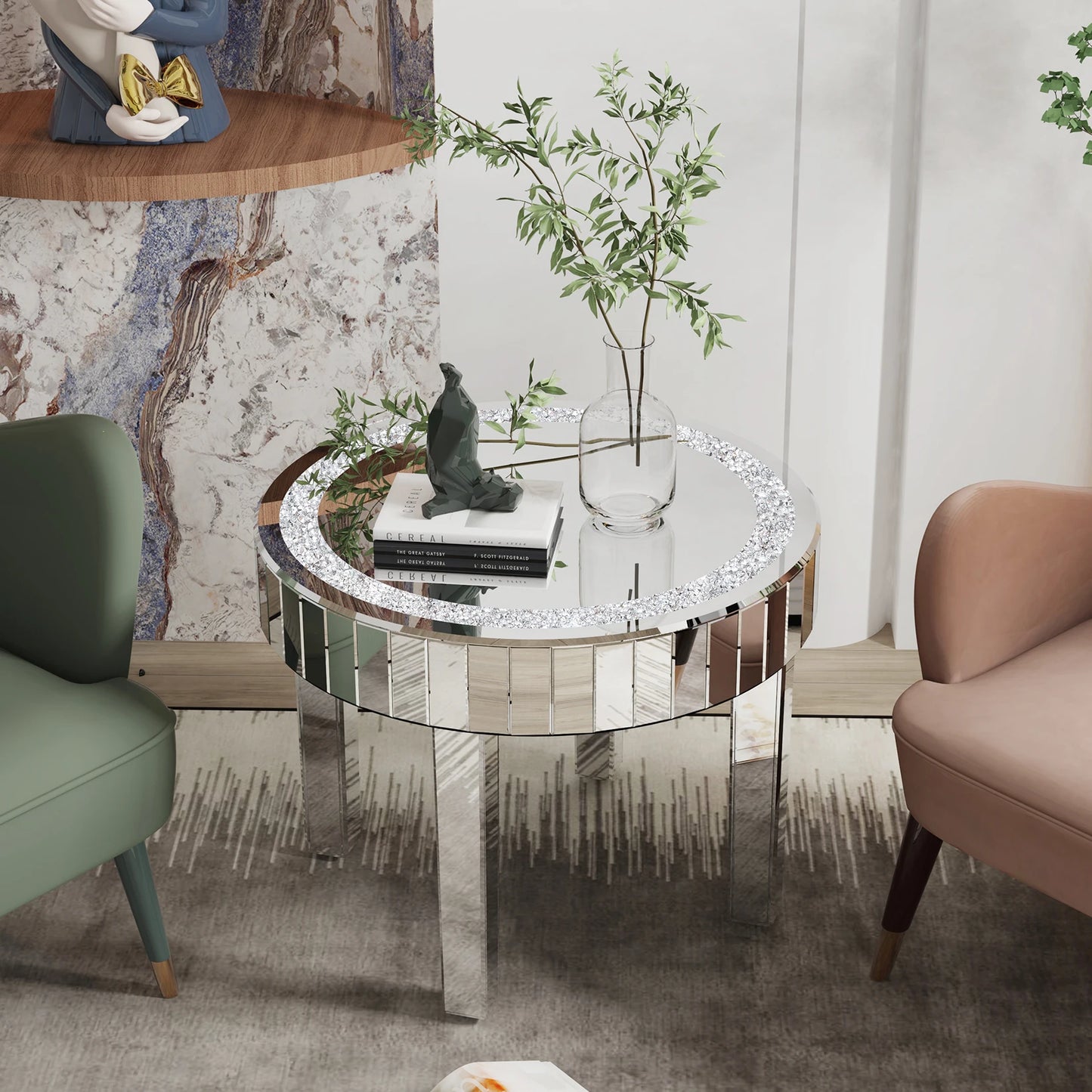Luxury Modern Round Mirrored Accent Side Table with Crystal Diamonds