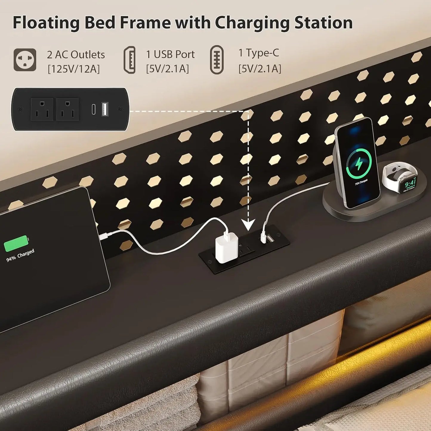 Floating Bed Frame King with Storage & Headboard, - Platform Bed with LED Lights, - Floating King Size Bed Frame with Headboard