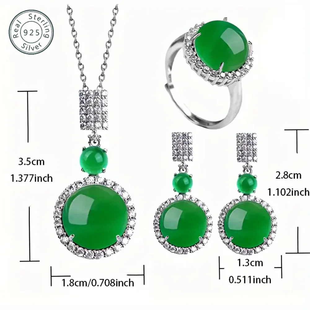 925 Silver Natural Ice Chalcedony Fashion Jewelry Set - Classic Luxury Round Green Earrings for Women - Diamond Ring - Necklace