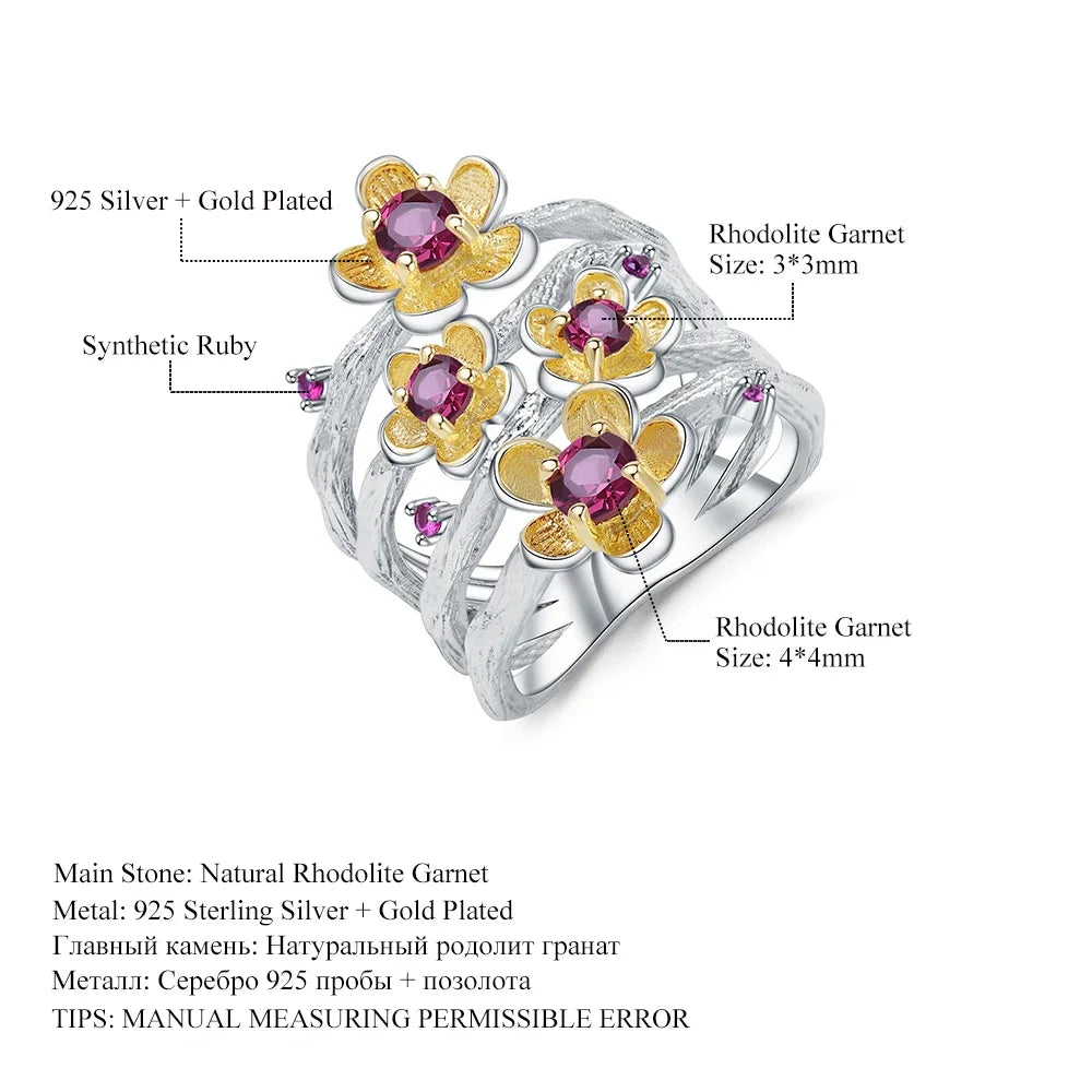 925 Sterling Silver Handmade Ring -  0.96Ct Natural Rhodolite Garnet Plum Blossom Flower Rings