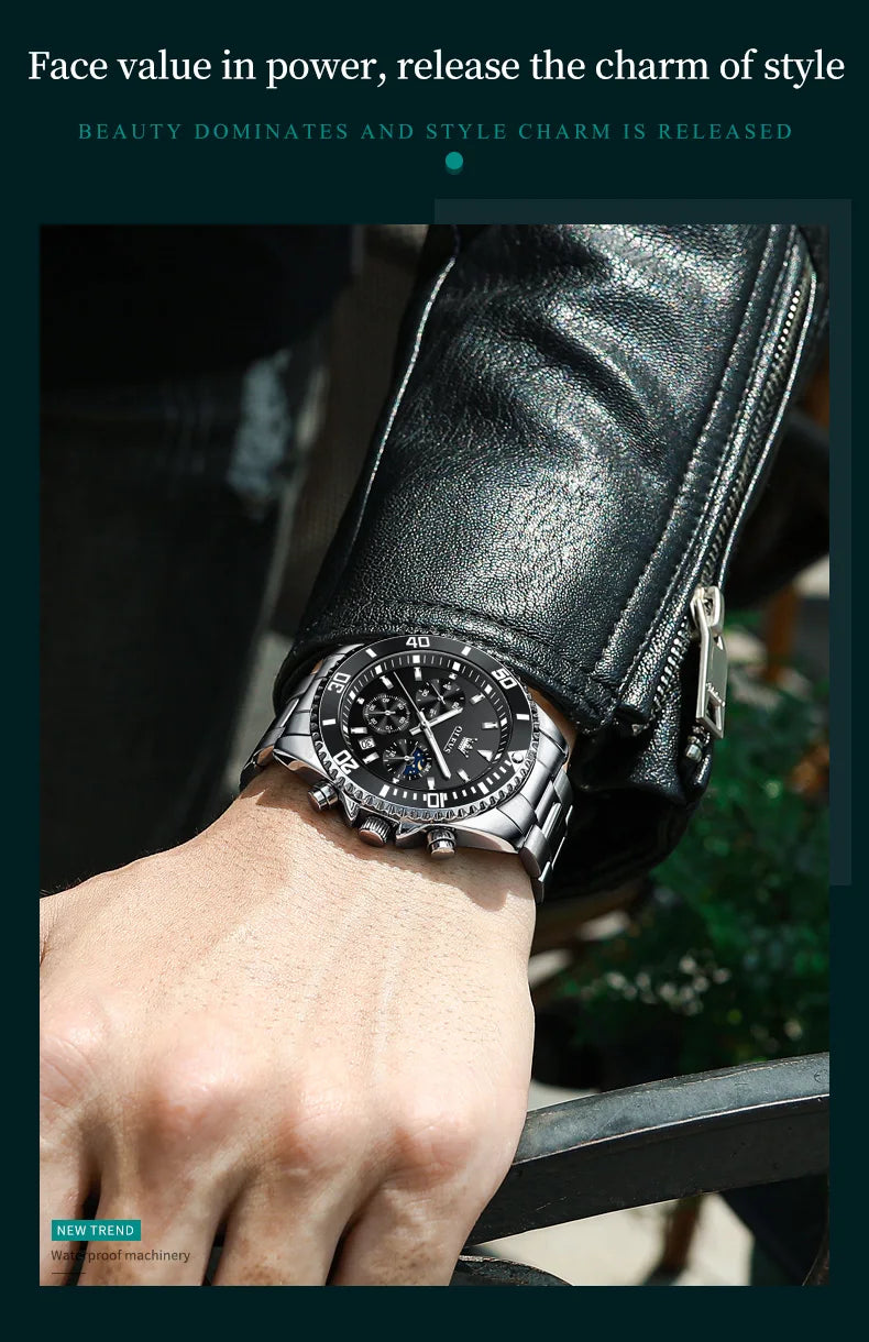 Moon Phase Men's Watches - Original Waterproof Luxury Quartz Watch Stainless Steel Chronograph
