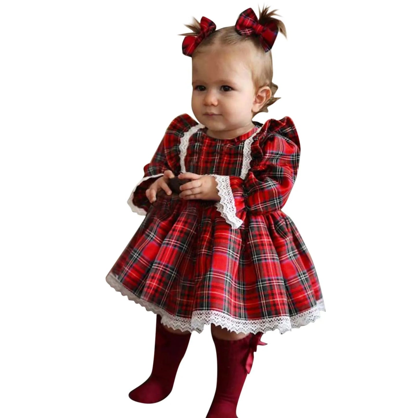 Baby Girl Dress 2025 - Toddler Girls -Christmas Long Sleeved Lace Plaid Printed Patchwork Dress