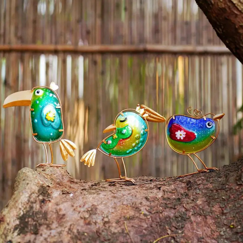 Bird Figurine Colorful Metal Glass  Set Of 3 Garden Art Statues