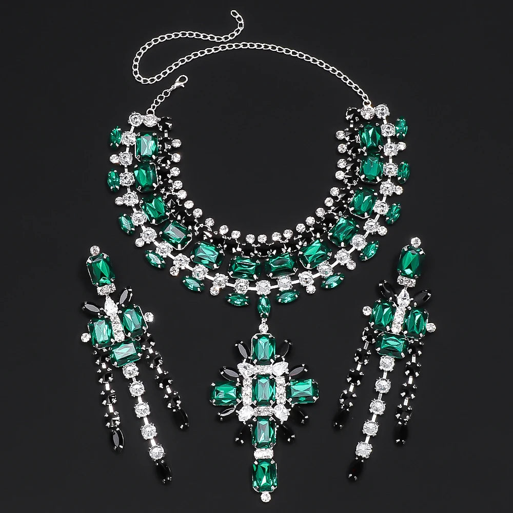 Green Cross Pendant Choker -  Bridal Collar Charms Party  - -Necklace Rhinestone Jewelry Pendant