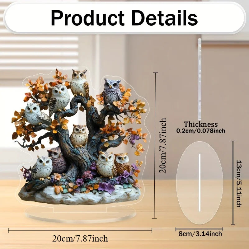 2D Acrylic Owl Tree Statue - Floral Desktop Decor with Stand