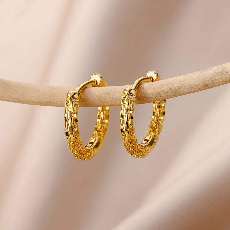 Zircon Round Hoop Earrings For Women - Gold Color Stainless Steel Earring