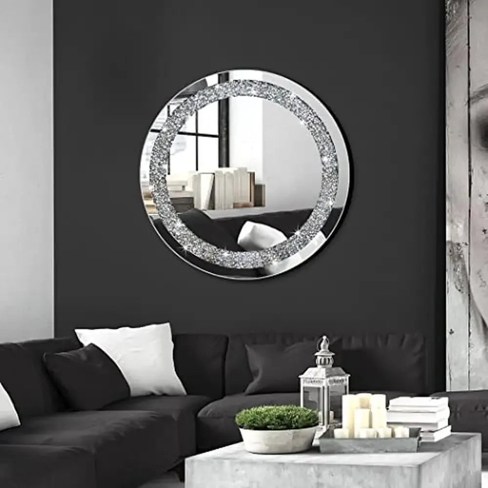 Crystal Crushed Diamond Round Silver Wall  Mirror