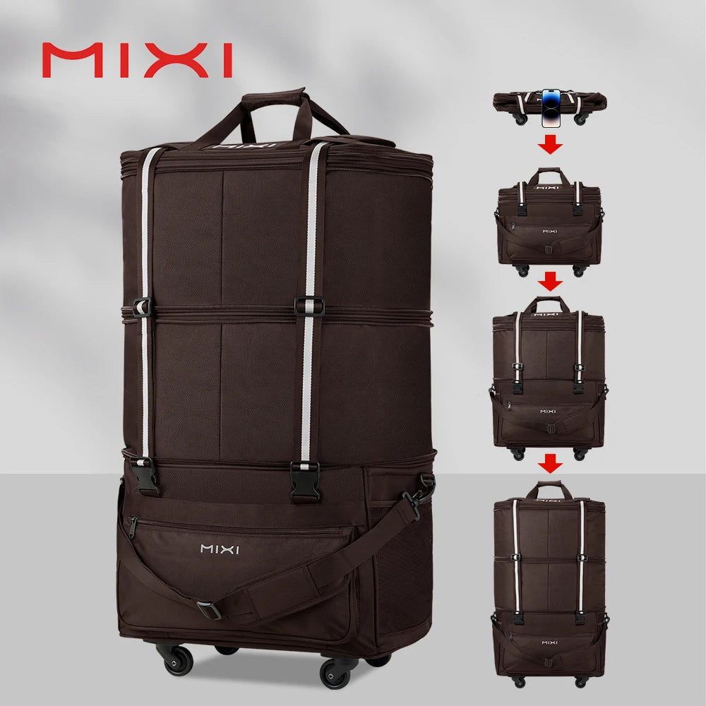 Mixi Foldable Travel Bag  -  Hand Carry Duffel Bag with Wheels - Expandable Rolling Travel Bag - Large Capacity Waterproof Luggage Bag