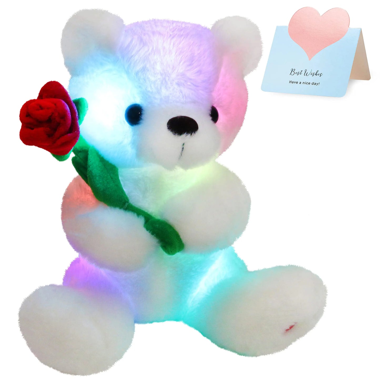 Glow White Teddy Bear with Rose Stuffed Animal - Soft Light Up - Plush Toy LED Night Lights Holiday Gifts