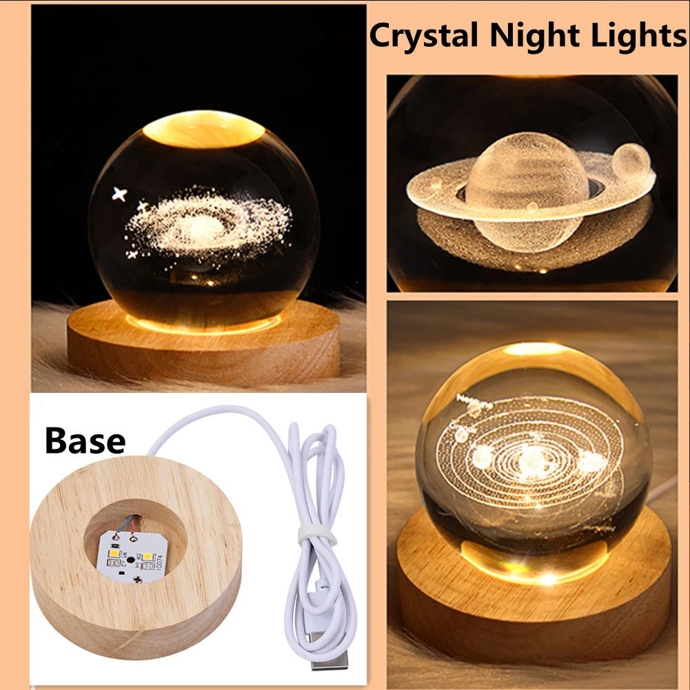 LED Crystal Ball Night Light - Crystal Ball Lamp with Wooden Base - USB Charging