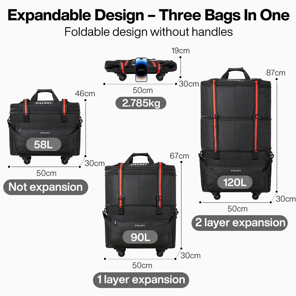 Mixi Foldable Travel Bag  -  Hand Carry Duffel Bag with Wheels - Expandable Rolling Travel Bag - Large Capacity Waterproof Luggage Bag