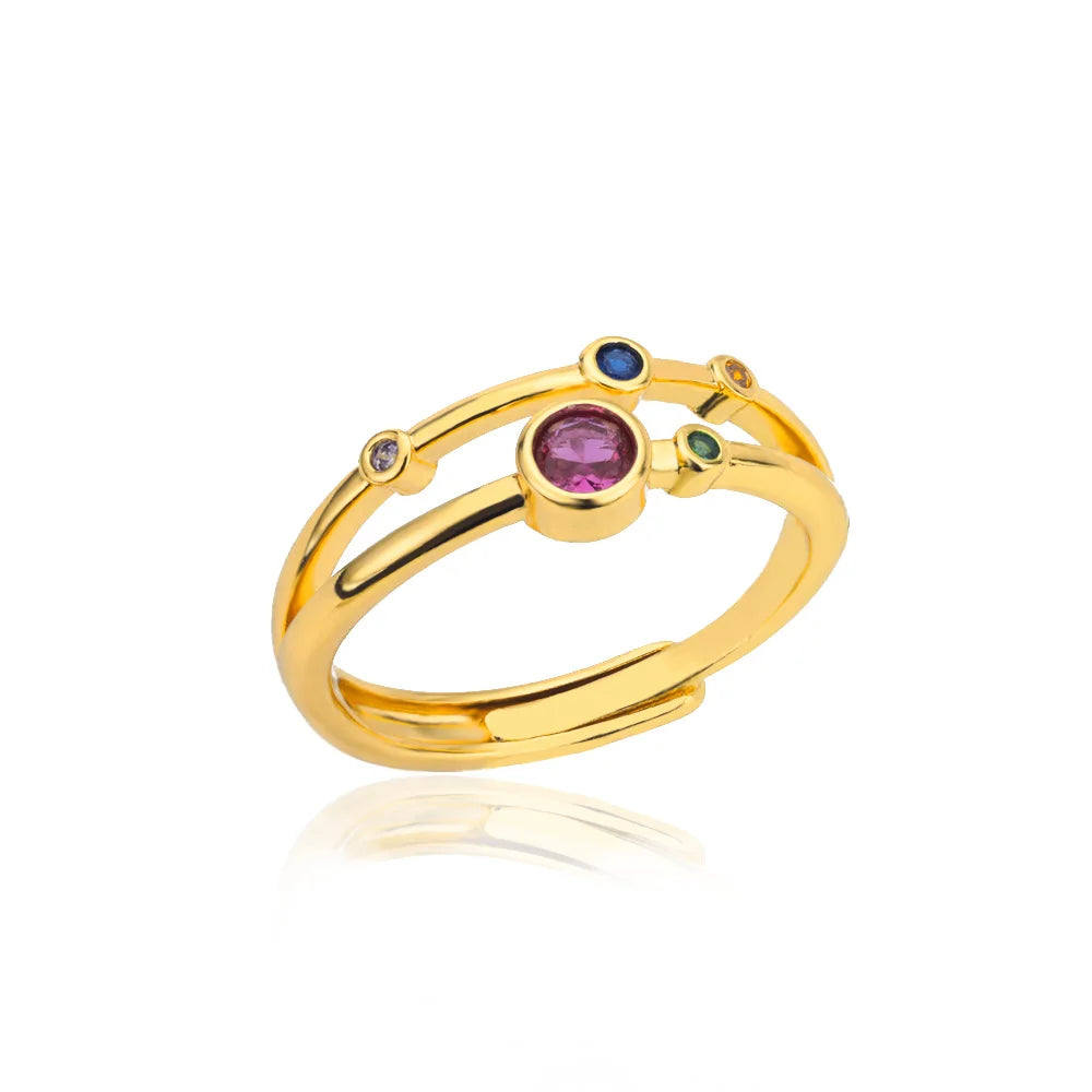 Rainbow Zircon Rings For Women Stainless Steel Gold Color - Geometric Adjustable Ring J