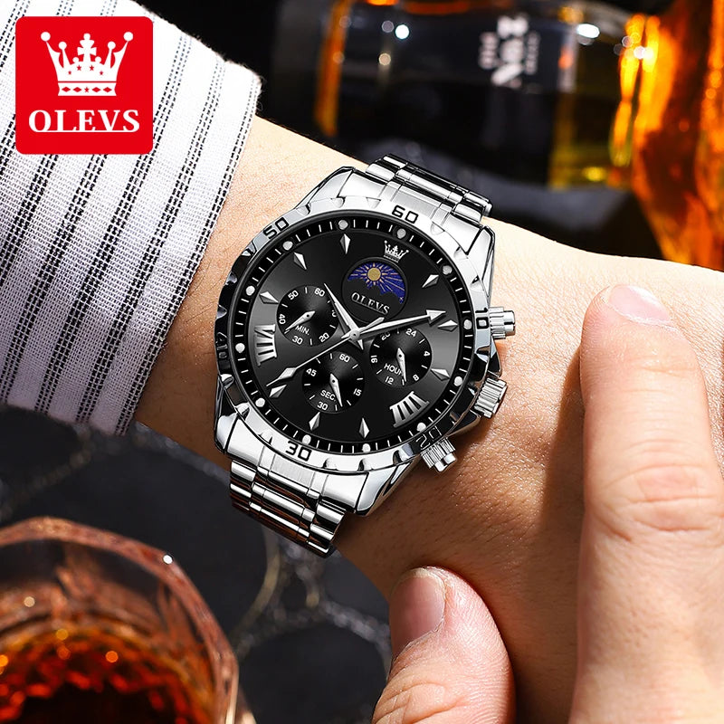 Original Moon Phase Men Watch -  Luminous Waterproof Quartz Watch - Calendar Chronograph Stainless Steel Wristwatch