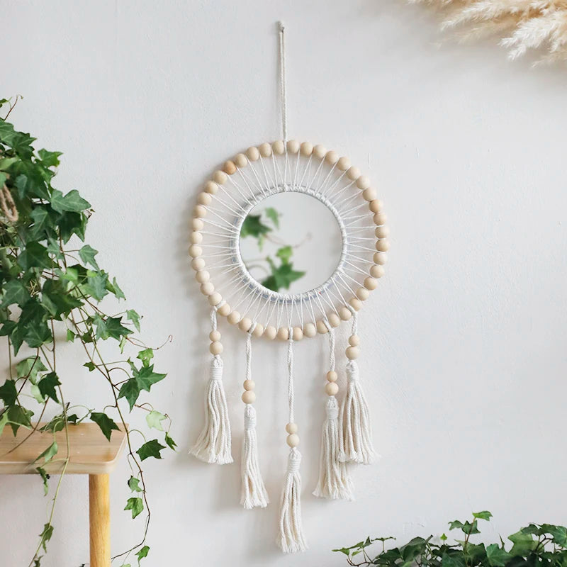 Wall Mirror Macrame Wooden Beads