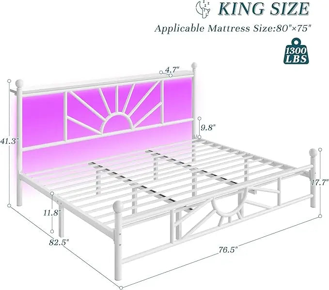 Metal King Bed Frame and Headboard, Footboard,King Size Bed Frame with LED Light, Mattress Foundation with Under Bed Storage