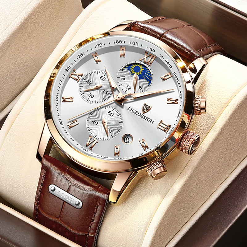 Business Watch Men - Fashion Leather  Waterproof - Men's Quartz Wristwatches - 24 Hour Moon Phase Watch