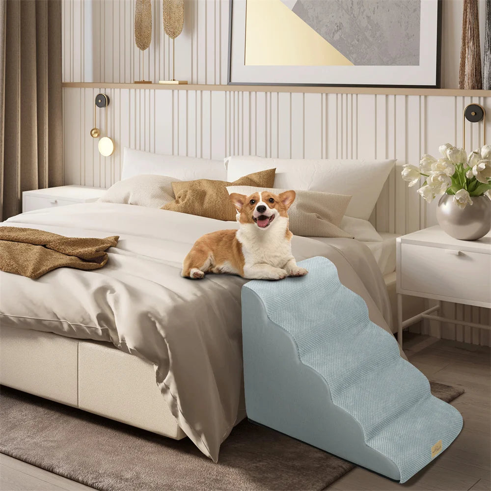 Dog Ramp Step Stairs - 5 Steps - Pet Stairs for High Beds and Sofa - Density Sponge Foam -  Removable Washable Cover