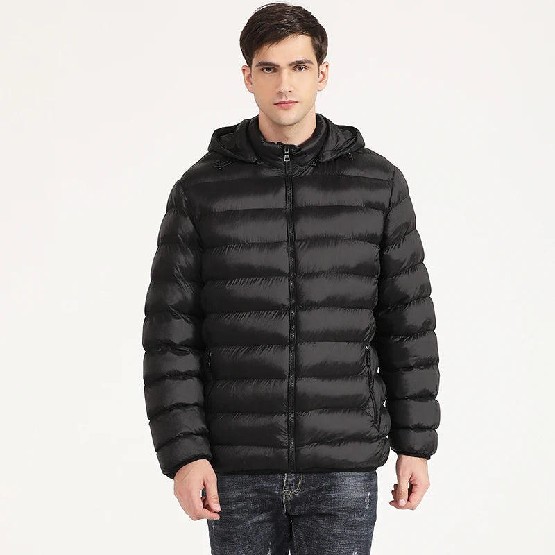 Men's Down Puffer Jacket - Cotton Padded Winter Jacket - Hooded Down Coat - Water and Wind-Resistant Coat