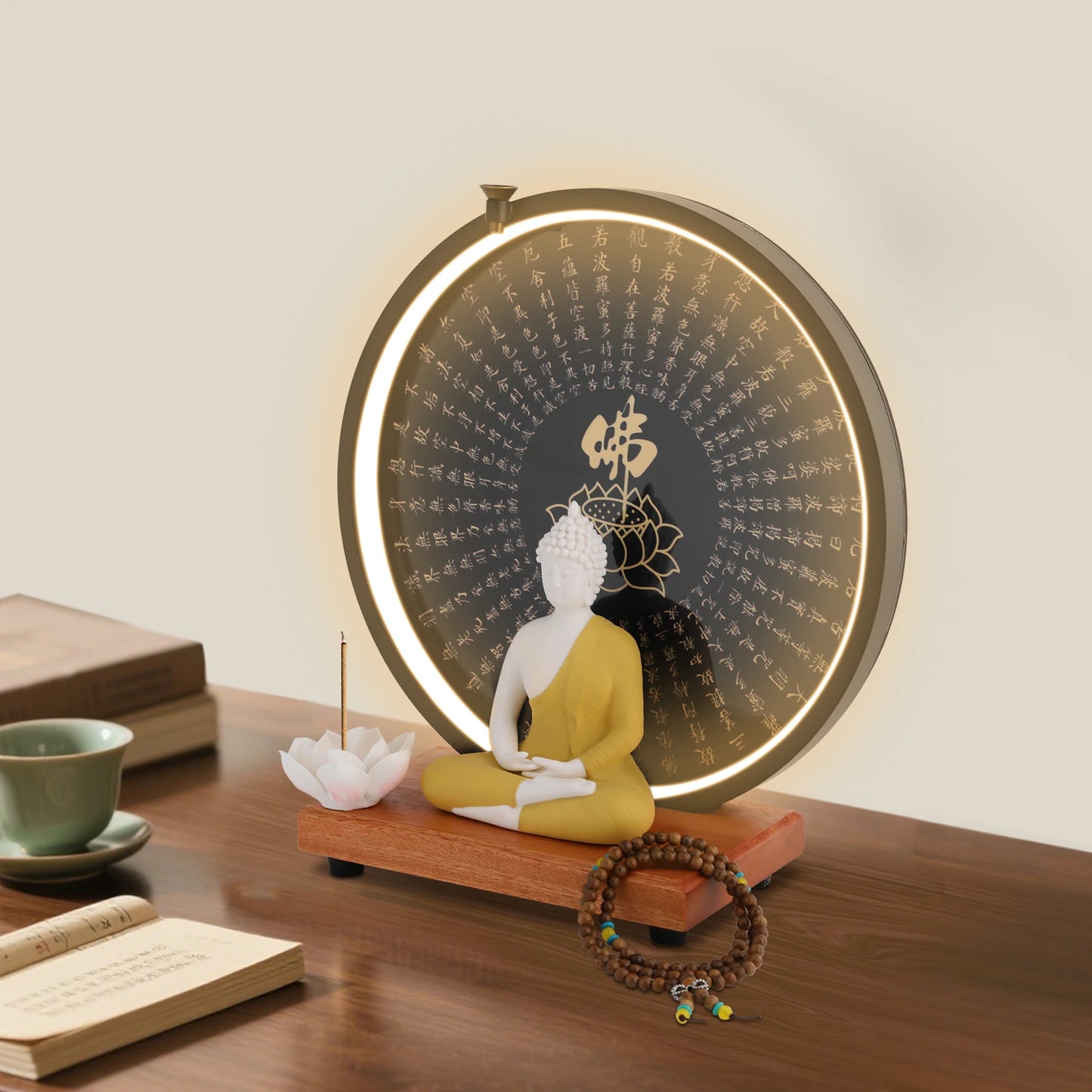 Buddha Statue  Decor White/Red/Yellow/Blue 11.8*4.7*13in with Circle LED Lamp
