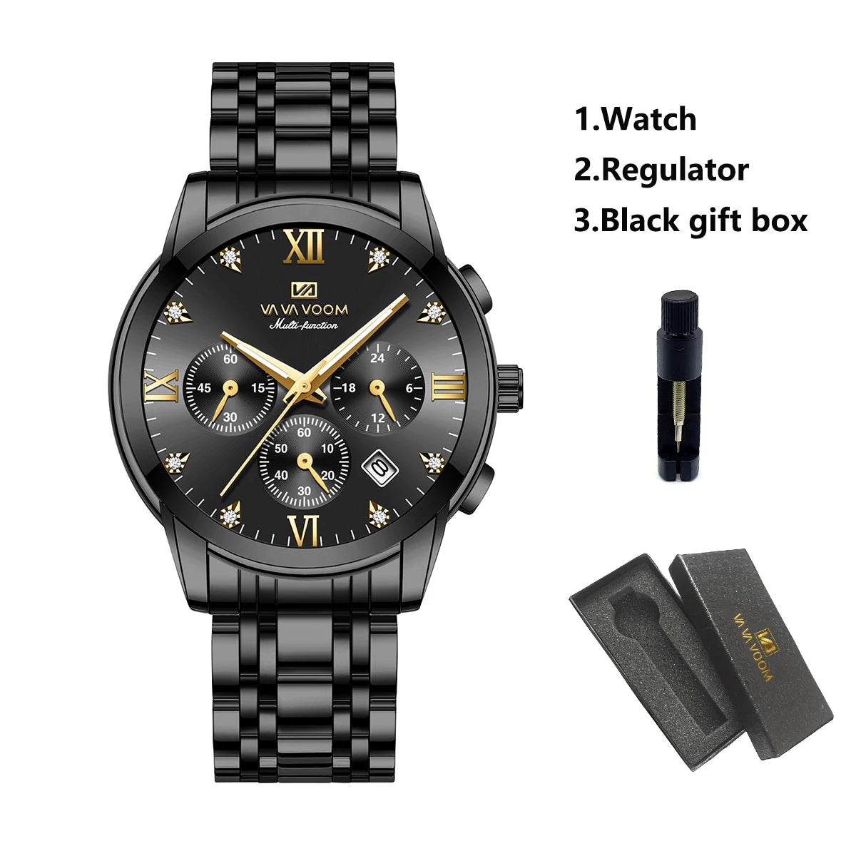 Men Multifunctional Watch - Fashionable Stainless Steel Strap - Blue Gold Rhinestone Clock