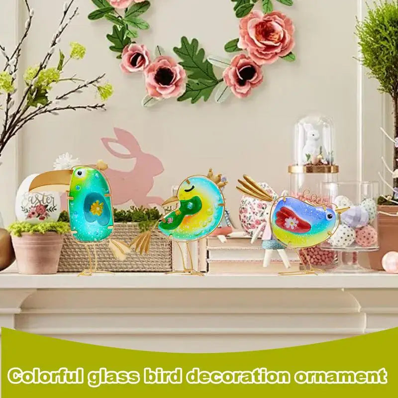 Bird Figurine Colorful Metal Glass  Set Of 3 Garden Art Statues