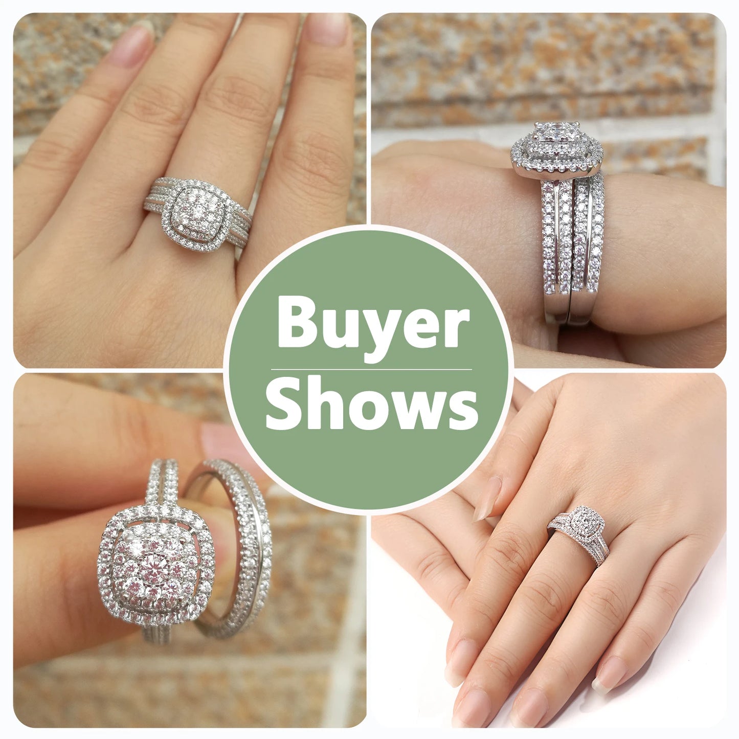 2Pcs Rings for Women - Solid 925 Sterling Silver - Halo Round Cut AAAAA Zircon