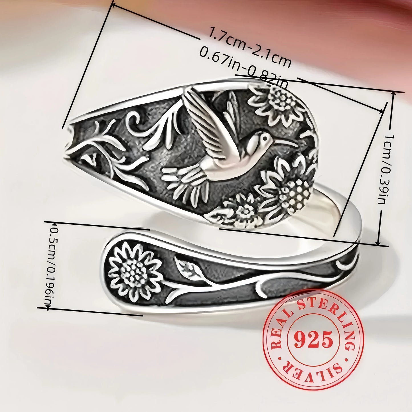 Adjustable Bohemian Ring - S925 Silver Floral & Bird Open Band, - Unique Gift Idea