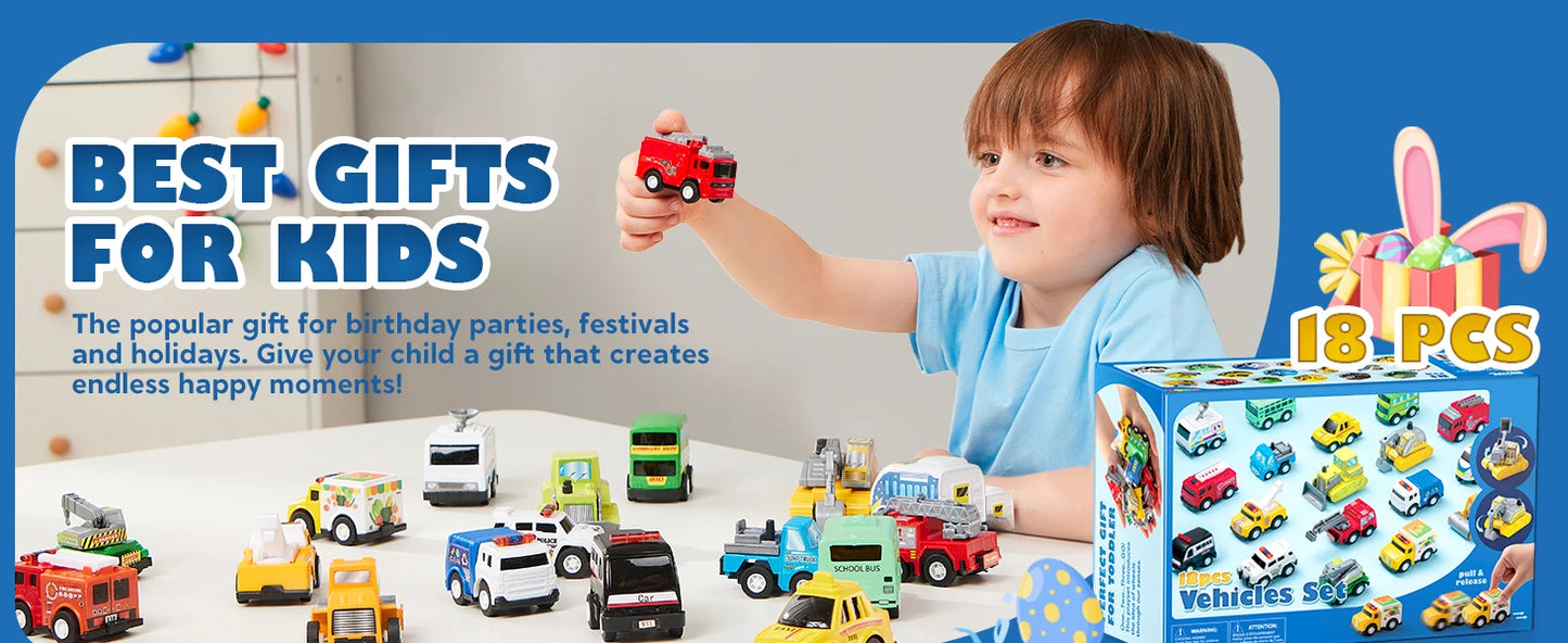 18 Pcs Pull Back City Cars and Trucks Toy Vehicles Set - Friction Powered Cars