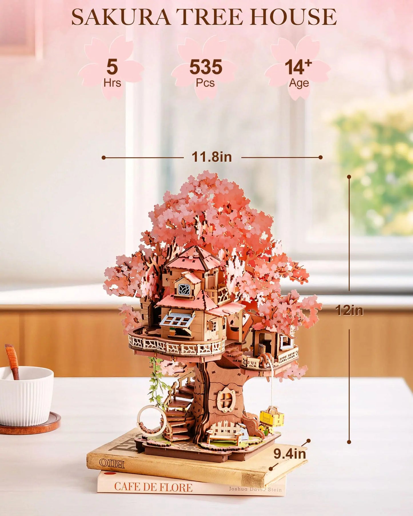 Robotime  Sakura Tree House 3D Wooden Puzzle - Model Kit with Swing Stairs - Perfect Christmas Home Decor- DIY Gift for Adults