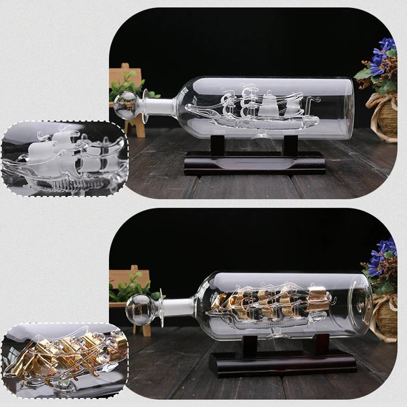 3D Decorative Glass Ornament Ship  With Wooden Base