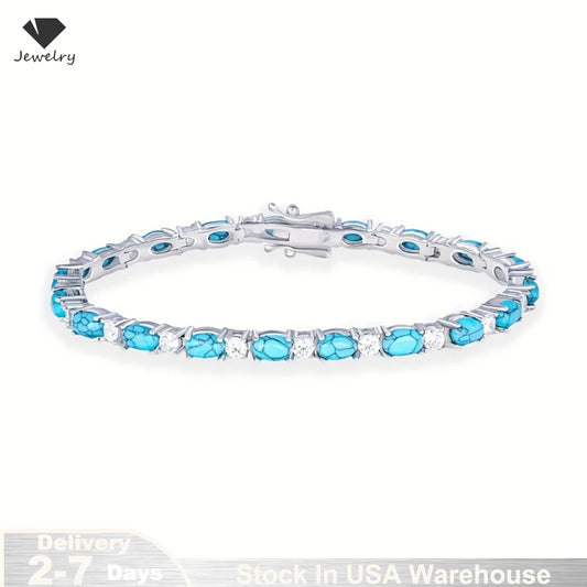 925 Sterling Silver 20cm Turquoise Tennis CZ Zircon Chain Bracelet for Women Luxury Crystal Fine Jewelry Gift Shipping from USA