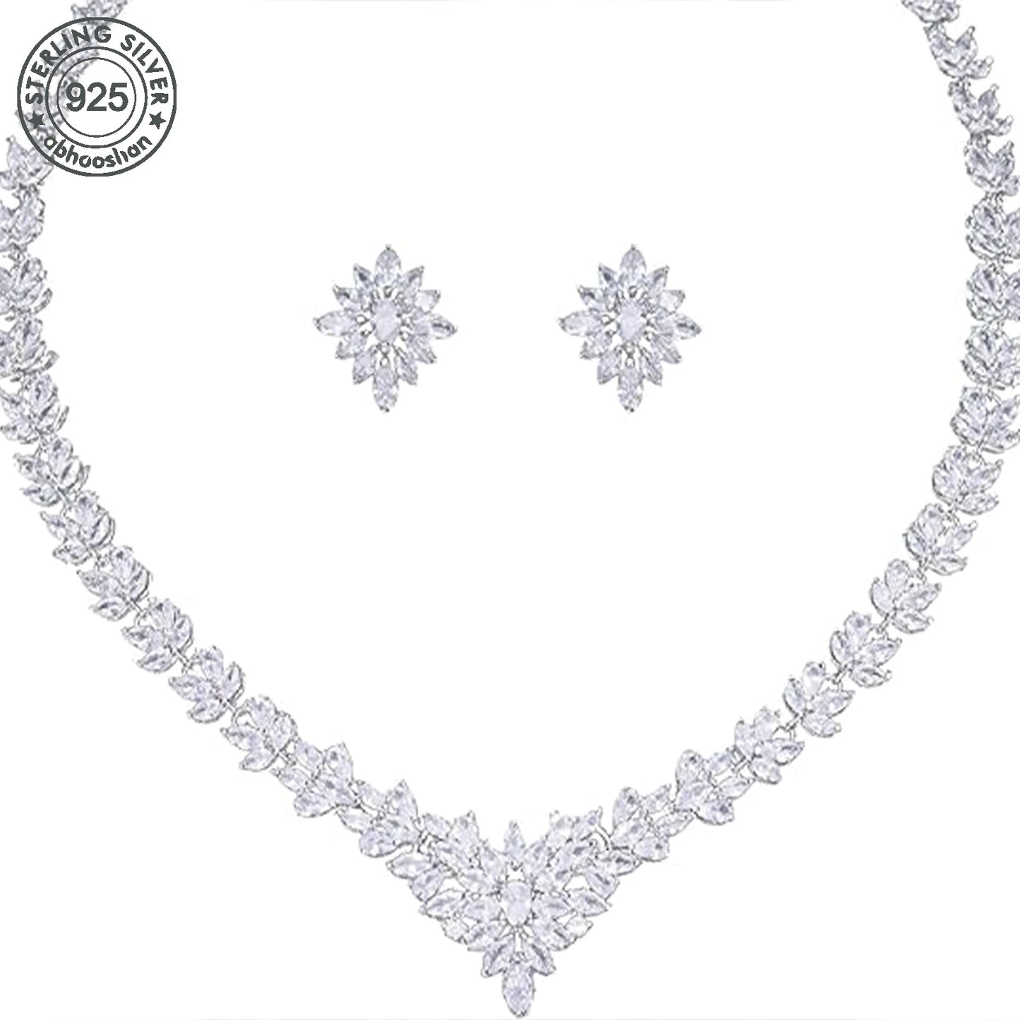 925 Silver, Zirconia Flower Two Piece Set, Necklace and Earrings
