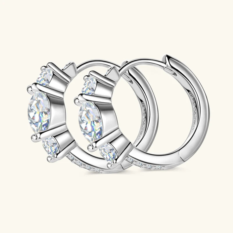 S925 Silver Hoop Earring - Ladies Moissanite Dangle Earrings - Three Stone D Color Glittering Diamond