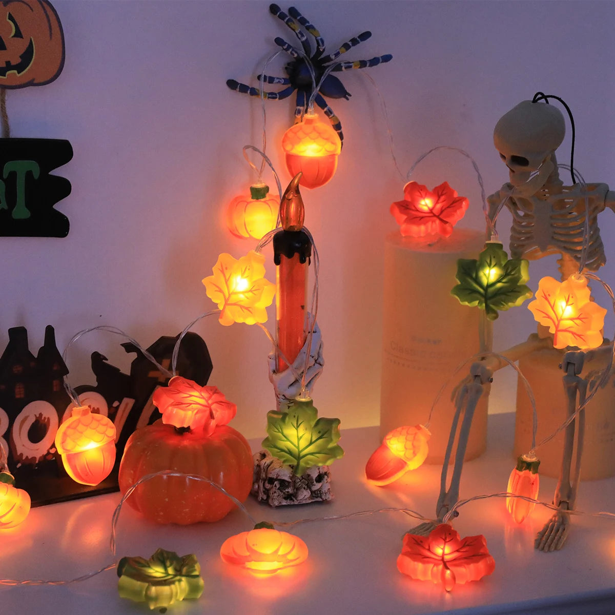 LED Pumpkin Maple Leaf Acorn String Lights， Decoration for Halloween - Thanksgiving - Christmas,