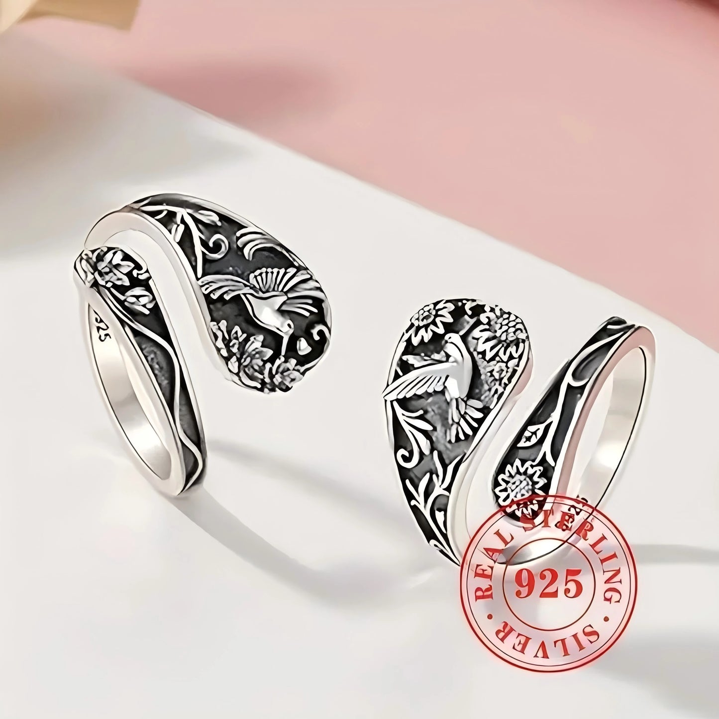 Adjustable Bohemian Ring - S925 Silver Floral & Bird Open Band, - Unique Gift Idea