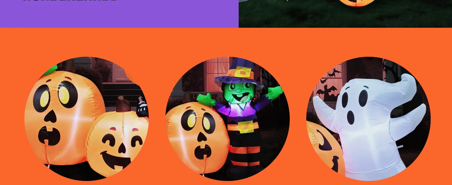 JOYFY 8 ft Long Halloween Inflatable - Three Characters and Pumpkin Patch Outdoor Decoration - Inflatable Witch Ghost Skeleton Yard