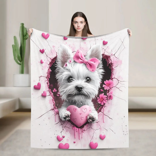 West Highland White Terrier Dog - Pink Floral Heart - Soft and Cozy Novelty Fleece Blanket