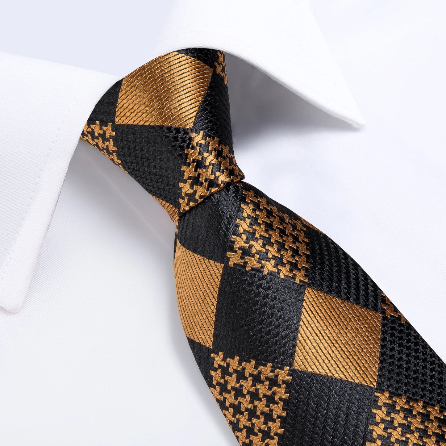 Luxury Mens Tie Black Golden Jacquard Necktie Pocket Square Cufflinks