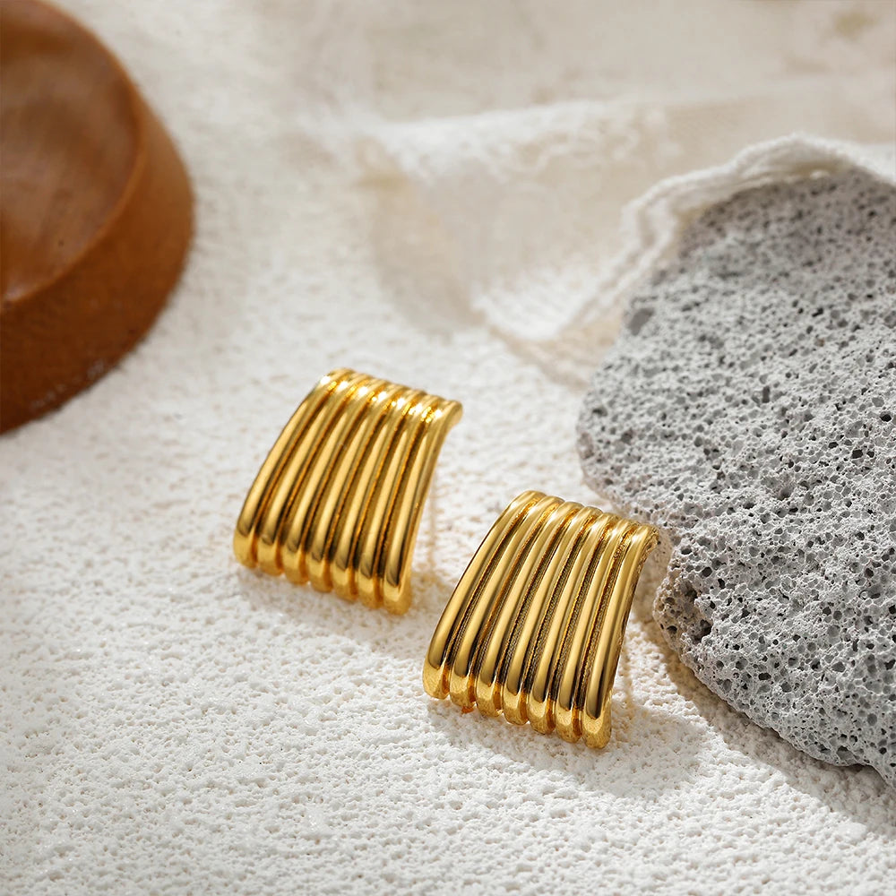 Fashion Glossy Three-Layer Textured Intersecting Knot Earrings for Women - Gold Color Stainless Steel Earring V