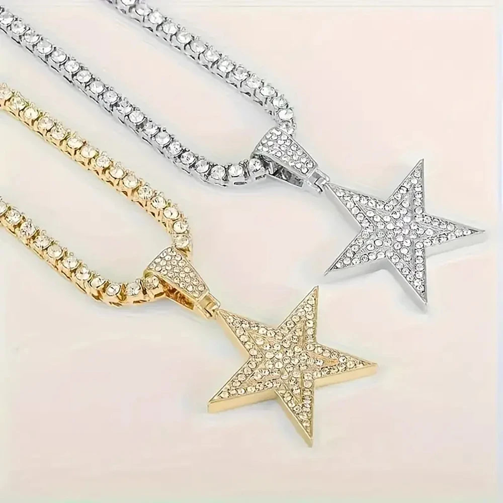 Iced Out Popular Full Rhinestone Star Shape Pendant  - Match with a 20inch Tennis Chain